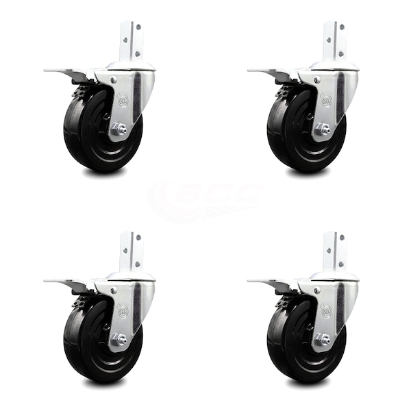 4 Inch Hard Rubber Wheel Swivel 3/4 Inch Square Stem Caster Set Total Lock Brake